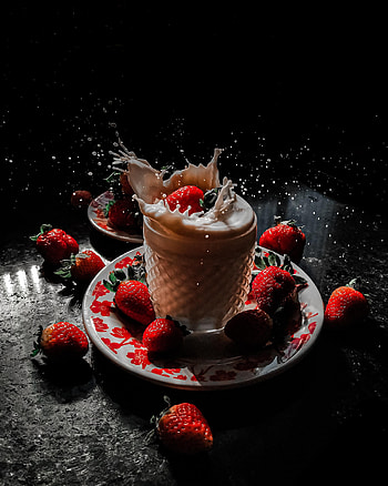 Food, Strawberry, Spray, Glass, Berry, Milk HD phone wallpaper