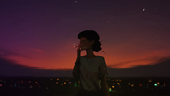Anime Girl Enjoying Evening Vibes, anime-girl, purple, sky, star, artist, artwork, art, digital-art, ai, deviantart HD wallpaper
