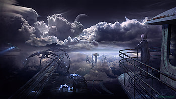 Aircraft Base Terrace Wind High Clouds, scifi, artist, artwork, digital-art, deviantart HD wallpaper