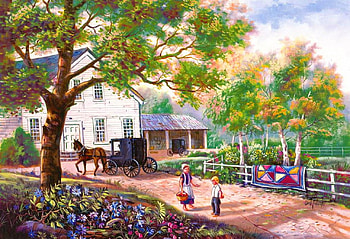Back Home, artwork, coach, horse, children, painting, path, house, trees HD wallpaper