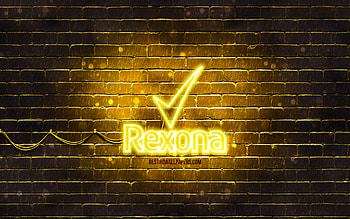 Rexona yellow logo, , yellow brickwall, Rexona logo, brands, Rexona neon logo, Rexona HD wallpaper