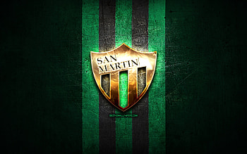 San Martin FC, golden logo, Primera Nacional, green metal background, football, argentinian football club, San Martin logo, soccer, CA San Martin, Argentina, Club Atletico San Martin, San Martin SJ HD wallpaper