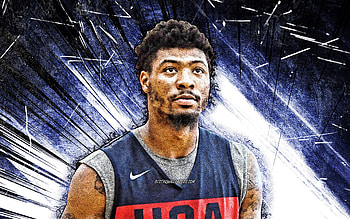 Marcus Smart, grunge art, USA Basketball Mens National Team, blue abstract rays, Marcus Osmond Smart, basketball, US mens national basketball team, Marcus Smart HD wallpaper
