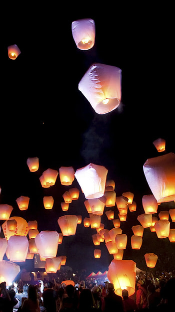 Paper sky lantern, Nighttime , Illuminated landscape, Peaceful scene HD phone wallpaper