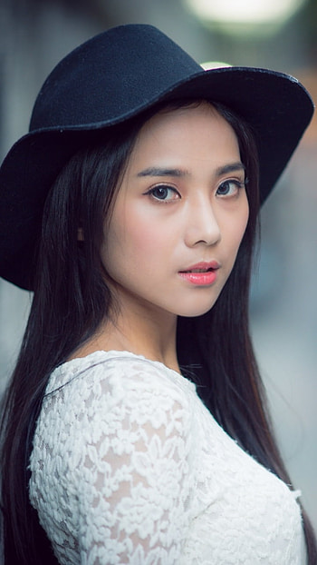 brunette, blue eyes, hat, model, woman, asian HD phone wallpaper