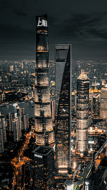 Skyscrapper, atmosphere, sky, city, night, dark, clouds, lights HD phone wallpaper