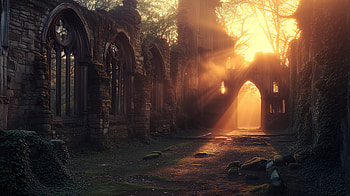 Enchanting Ruins at Sunset, ruin, fog, nature, gothic HD wallpaper