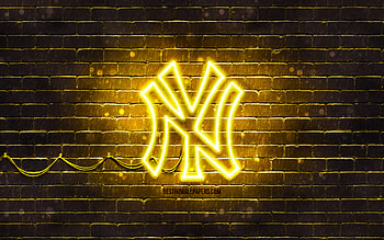 New York Yankees yellow logo, , yellow brickwall, New York Yankees logo, american baseball team, New York Yankees neon logo, NY Yankees, New York Yankees HD wallpaper