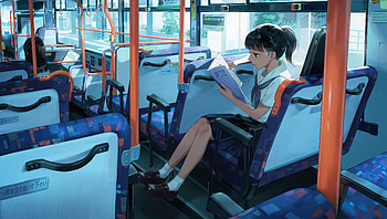 Anime School Girl Bus Reading Book , anime-girl, anime, artist, artwork, digital-art HD wallpaper