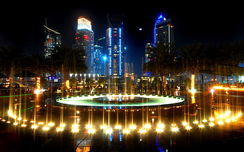 Lighting, Cities, Palms, Fountain, Illumination, Street HD wallpaper
