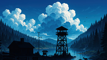 Mountain Lake Watchtower, watchtower, clouds, sky, lake, trees, artist, artwork, art, digital-art, pixiv HD wallpaper