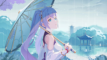 Blue Eyes Anime Girl With Umbrella Rain Background Anime Girl HD wallpaper