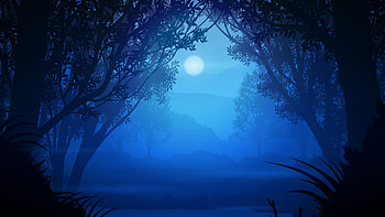 Midnight Blue Forest Reverie, blue, nature, trees, moon, artist, artwork, art, digital-art HD wallpaper