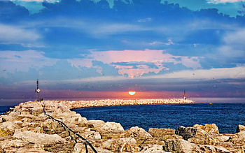 Ocean View, birds, sunlight, peaceful, sunrise, beauty, waves, amazing, sun, ocean, sunset, sea, lighthouse, beautiful, rocks, ocean waves, view, clouds, nature, sky, lovely, splendor HD wallpaper