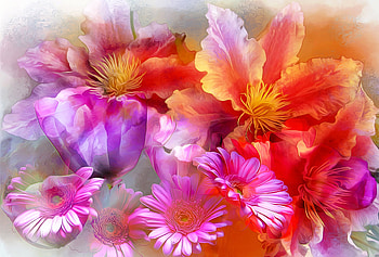 Flowers, pink, painting, art, pictura, flower, texture, luminos, orange HD wallpaper