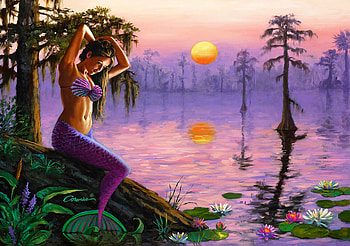 Bayou Queen, cypresses, mermaid, digital, art, girl, sun, sunset, lake HD wallpaper