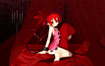 Etna, barefoot, bed, red eyes, red hair, tail, etna panties, animal ears, red, disgaea HD wallpaper