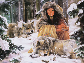 Waiting, wolves, snow, girl, indian, forest HD wallpaper