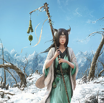 Fantasy girl, snow, gorgeous, girl, liu xuan, winter, frumusete, asian, cat, superb, fantasy, iarna, ears HD wallpaper