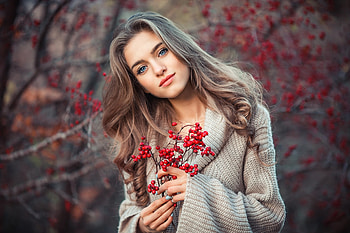 girl with berries, branches, view, jacket, berries, autumn, nature, girl HD wallpaper