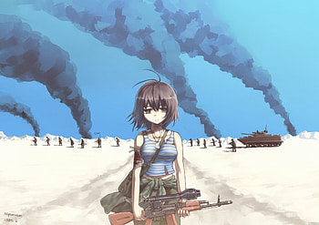 Anime, brown eyes, beautiful, anime girl, cute girl, original, weapon, brown hair, gun, tagme, warrior HD wallpaper