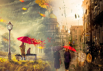 Rainy day, umbrella, city, art, rain, fall, drops, wind, leaves, day, painting, autumn HD wallpaper