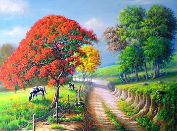 Road to the Countryside, attractions in dreams, town, paintings, grass, summer, love four seasons, cows, rural, fields, trees, nature, roads, countryside HD wallpaper