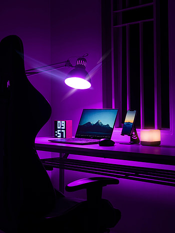 Clock, Dark, Lamp, Table, Notebook, Laptop, Tele, Workplace HD phone wallpaper