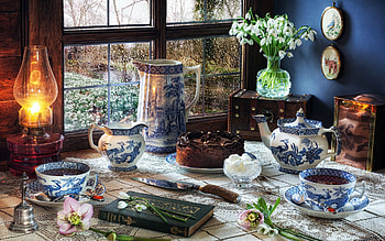Still Life, window, porcelain, table, tea, lamp, flowers, cake HD wallpaper