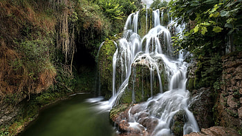 Tobera Waterfall, Spain, trees, river, rocks, pond HD wallpaper