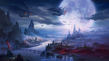 Fantasy world, blue, ship, fantasy, moon, red, world, luna, luminos, water, ming fan HD wallpaper