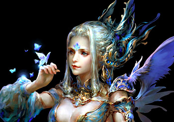 Angel, blue, black, art, girl, elf, beauty, woman, purple, butterfly, fantasy HD wallpaper