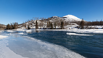 Mountain River, winter, river, snow, mountain HD wallpaper