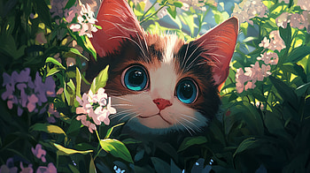 Kawaii Anime Cat Among Blooming Flowers - Ultra, Anime, cat, anime cat, cute, kawaii, cute anime, cute cat HD wallpaper