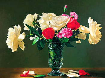 Spreading beauty, table, white, roses, green, red, vase, flowers HD wallpaper