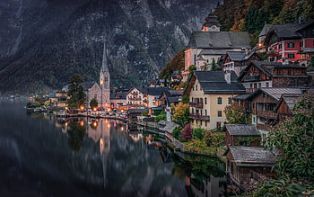 Hallstatt, evening, sunset, Alps, Lake Hallstatt, mountain lake, mountain landscape, chapel, Hallstatt cityscape, Austria HD wallpaper