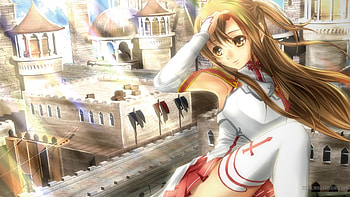 Asuna, Sword Art Online, sword, Cross, Anime, long hair, Virtual Reality, Game, Egypt background, SAO, White Dress HD wallpaper