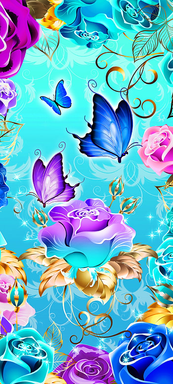 Rose and Butterfly, green, blue, luxury, colorful HD phone wallpaper