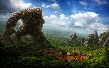 Titan Attack, titan, fantasy, city, rocks HD wallpaper