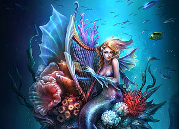 Mermaid, blue, jim warren, sea, sirena, girl, lira, summer, instrument, fantasy, red, underwater, fish, luminos, vara HD wallpaper