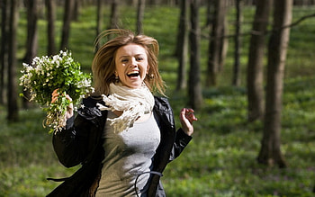 *, runing, laugh, tshirt, trees, flowers, girl, forest HD wallpaper
