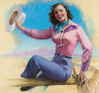 pinup cowgirl, pinup, cowgirl, painting, hat HD wallpaper