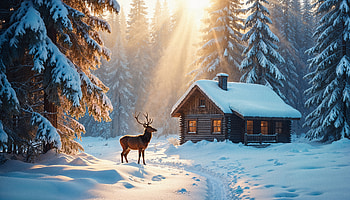 : Winter Cabin & Stag — Snowy Forest Landscape, landscape, deer HD wallpaper