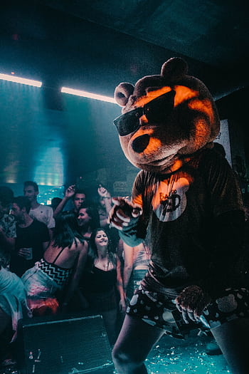 Vibrant nightlife scene at a club in Videira, Brazil featuring a lively mascot performance. HD phone wallpaper