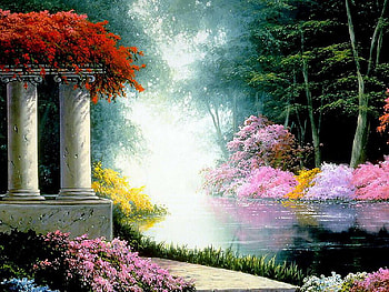 River, colors, flowers, forest HD wallpaper