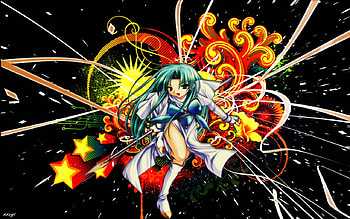 warrior abstract, black, cute, long hair, dress, abstract, warrior, female, sexy, hot, girl, dark, star, anime girl, lance, anime, weapon, fighter, green hair, green eye, spear HD wallpaper