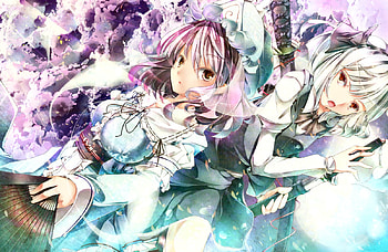 Yuyuko and Youmu, sword, touhou, short hair, girl, saigyouji yuyuko, dress, hat, konpaku youmu HD wallpaper