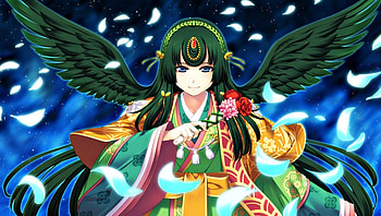 Kyuriha, wings, girl, goddess, anime, petals, green, yellow, manga, bunny black HD wallpaper