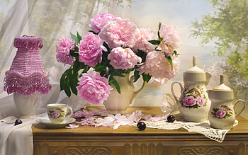 Peony Still life, still life, cups, pink, peonies, lamp, teapot HD wallpaper