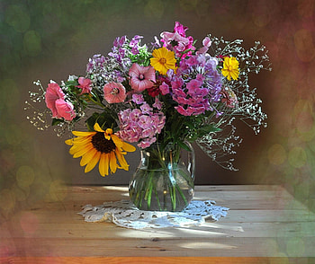 Flowers, Bouquet, Jug, Gypsophilus, Gipsophile, Sunflower, Napkin, Petunia HD wallpaper